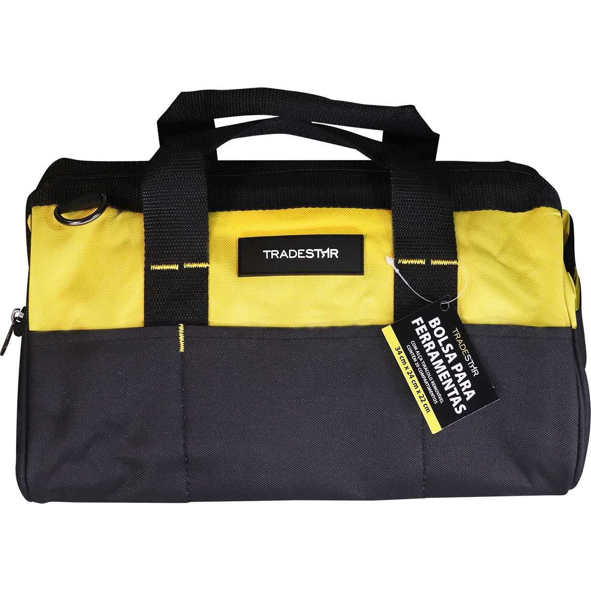 Bolsa de Ferramentas Lona 600 Tradestar 34x24x22cm amarela e preta com 20 divisórias e alça, ideal para organização e transporte de ferramentas. Bolsa para técnicos, eletricistas e encanadores.