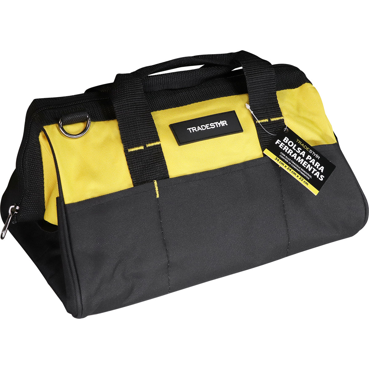 Bolsa de ferramentas Tradestar em lona 600, amarela e preta, com 20 divisórias, alça de mão e alça tira-colo removível. Ideal para organização e transporte de ferramentas. Dimensões: 34x24x22cm.