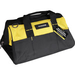 Bolsa de ferramentas Tradestar em lona 600, amarela e preta, com 20 divisórias, alça de mão e alça tira-colo removível. Ideal para organização e transporte de ferramentas. Dimensões: 34x24x22cm.