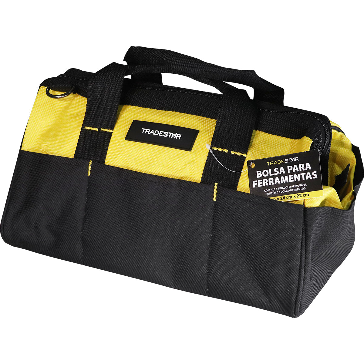 Bolsa de ferramentas Tradestar em lona 600, preta e amarela, com 20 divisórias, alça removível e dimensões de 34x24x22cm. Ideal para organização e transporte de ferramentas, perfeita para técnicos, eletricistas e profissionais em geral.