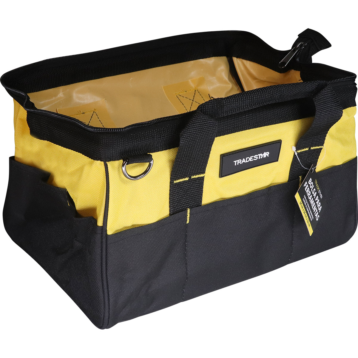 Bolsa de ferramentas Tradestar em lona 600, amarela e preta, com 20 divisórias, alça e dimensões de 34x24x22cm. Ideal para organização e transporte de ferramentas, com base reforçada e alça tiracolo removível. Perfeita para técnicos, eletricistas e profissionais de manutenção.