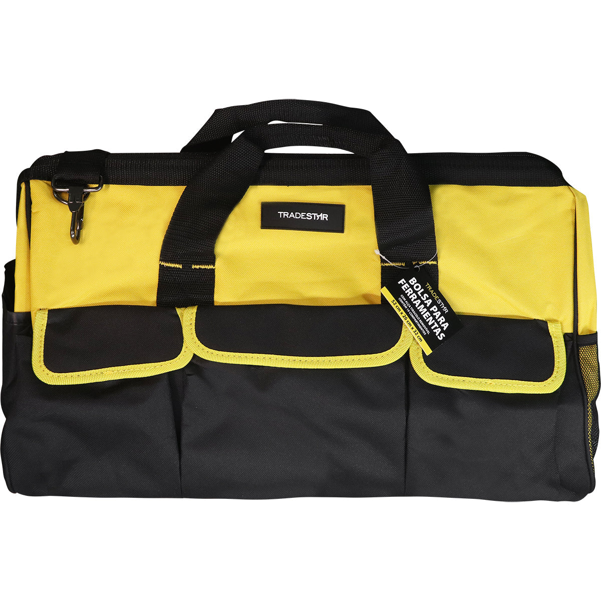 Bolsa de ferramentas Tradestar em lona 600 amarela e preta com 19 divisórias, alça e dimensões de 52x26x32cm. Ideal para organização e transporte de ferramentas de grande porte, perfeita para profissionais de construção civil, mecânicos e técnicos.