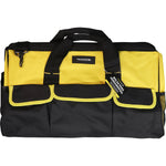 Bolsa de ferramentas Tradestar em lona 600 amarela e preta com 19 divisórias, alça e dimensões de 52x26x32cm. Ideal para organização e transporte de ferramentas de grande porte, perfeita para profissionais de construção civil, mecânicos e técnicos.