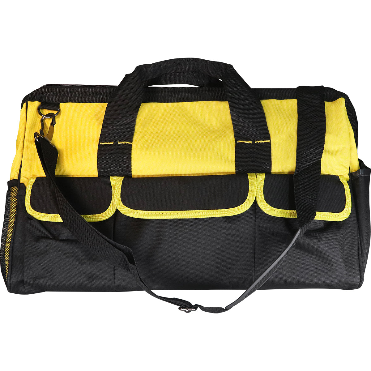 Bolsa de ferramentas Tradestar em lona 600 amarela e preta com 19 divisórias, alça de ombro removível e alça de mão. Ideal para organização e transporte de ferramentas de grande porte, com dimensões de 52x26x32cm.