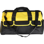 Bolsa de ferramentas Tradestar em lona 600 amarela e preta com 19 divisórias, alça de ombro removível e alça de mão. Ideal para organização e transporte de ferramentas de grande porte, com dimensões de 52x26x32cm.