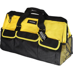 Bolsa de ferramentas de lona 600 Tradestar amarela e preta com 19 divisórias, alça de ombro removível e dimensões de 52x26x32cm. Ideal para organização e transporte de ferramentas de grande porte, perfeita para profissionais de construção civil, mecânicos e técnicos.