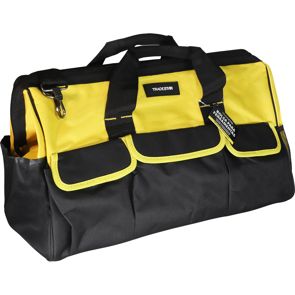 Bolsa de ferramentas Tradestar em lona 600 amarela e preta com 19 divisórias, alça de mão e alça tiracolo removível. Ideal para organização e transporte de ferramentas de grande porte, com dimensões de 52x26x32cm. Perfeita para profissionais de construção civil, mecânicos e técnicos.