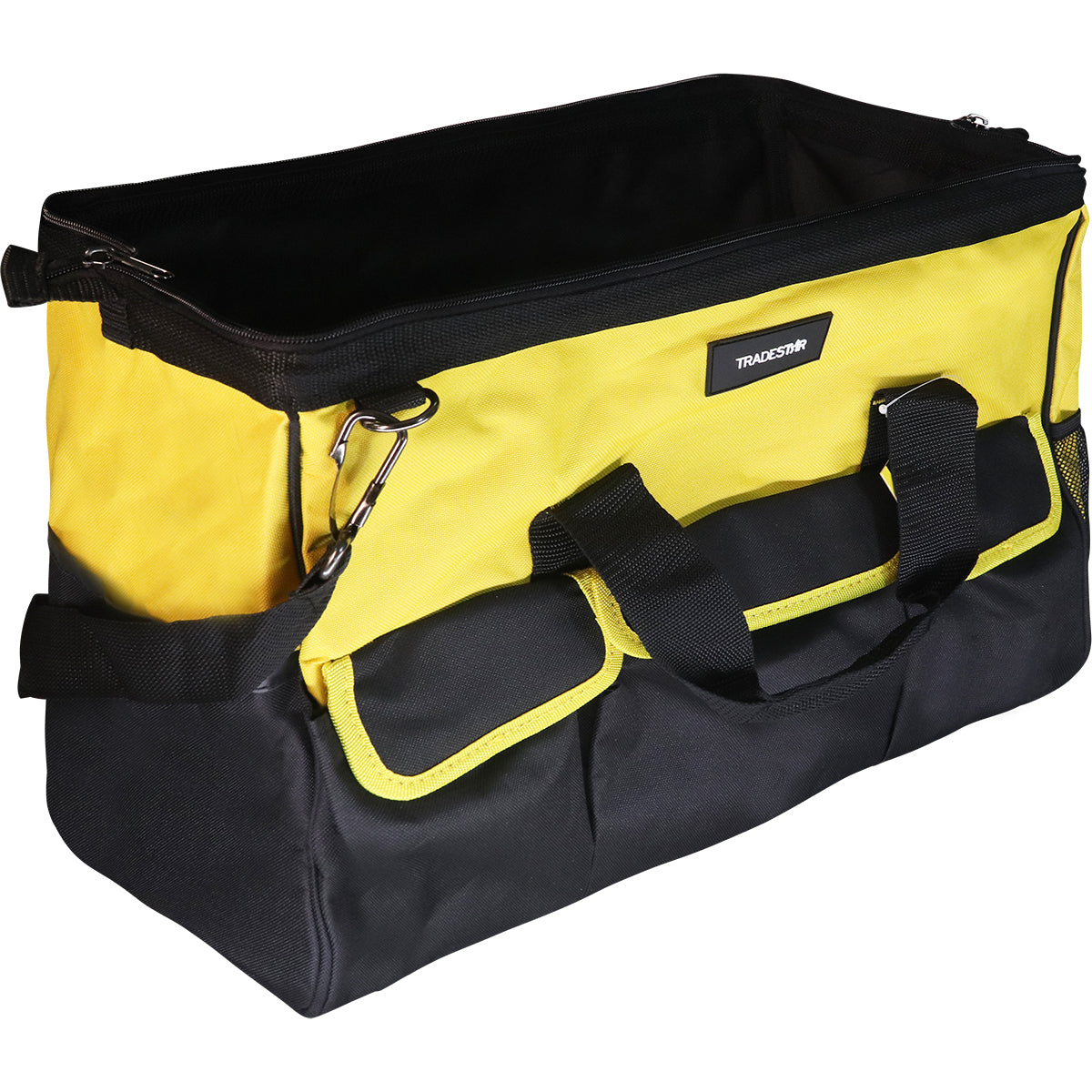 Bolsa de ferramentas de lona 600 Tradestar amarela e preta com 19 divisórias, alça e dimensões 52x26x32cm. Ideal para organização e transporte de ferramentas de grande porte, perfeita para profissionais de construção civil, mecânicos e técnicos.