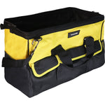 Bolsa de ferramentas de lona 600 Tradestar amarela e preta com 19 divisórias, alça e dimensões 52x26x32cm. Ideal para organização e transporte de ferramentas de grande porte, perfeita para profissionais de construção civil, mecânicos e técnicos.