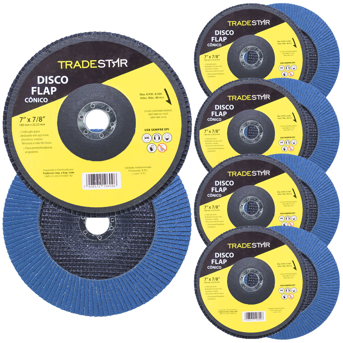 Kit com 10 discos de lixa flap Tradestar 7 polegadas grão 50 para lixadeira, ideal para desbaste em aço inox, alumínio, metais ferrosos e não ferrosos. Proporciona acabamento uniforme em esmerilhadeiras angulares.