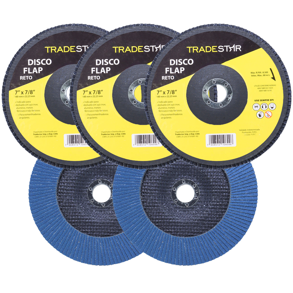 Kit com 5 Discos de Lixa Flap Tradestar 7 polegadas grão 60 para lixadeira, ideal para desbaste em aço inox, alumínio e metais ferrosos. Ferramenta para uso em esmerilhadeiras angulares, proporcionando acabamento uniforme e durabilidade superior.
