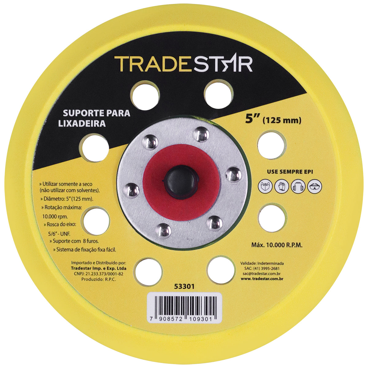 Disco de suporte para lixadeira roto orbital Roquite Hookit Prato 5" Tradestar, ideal para trabalhos em madeira, metal e gesso. Possui sistema de fixação com velcro, rotação máxima de 10.000 RPM e rosca do eixo 5/16" - UNF. Perfeito para pintores automotivos, marceneiros e funileiros. Diâmetro de 125mm.