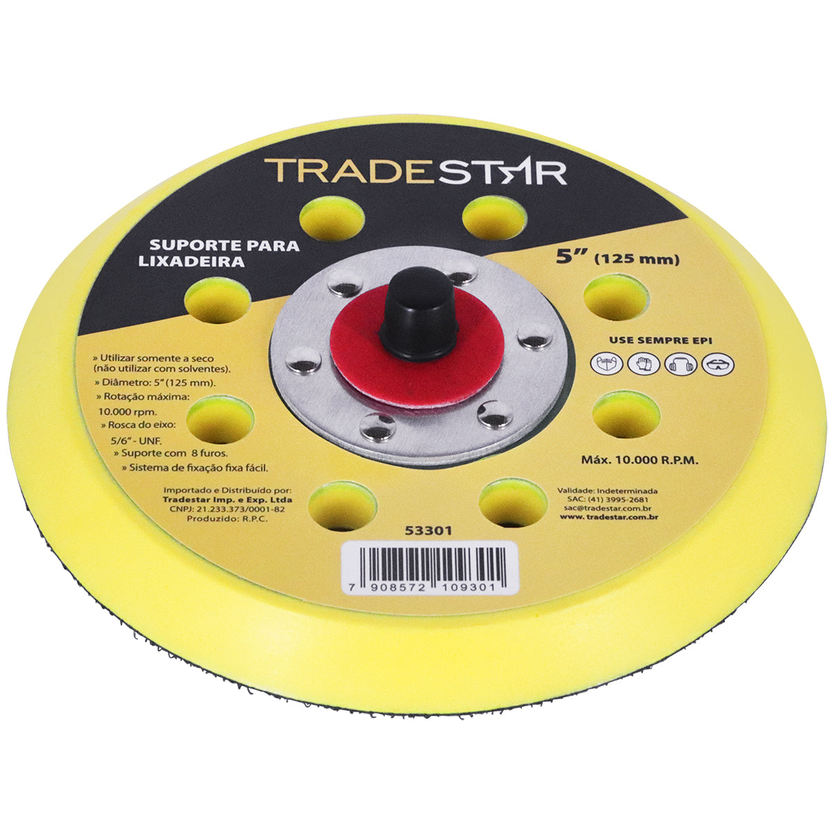 Disco de suporte para lixadeira roto orbital Roquite Hookit Prato 5" da TradeStar, ideal para trabalhos em madeira, metal e gesso. Possui sistema de fixação com velcro, rotação máxima de 10.000 RPM e rosca do eixo 5/16”. Perfeito para pintores automotivos, marceneiros e funileiros. Produto original, novo e com garantia.