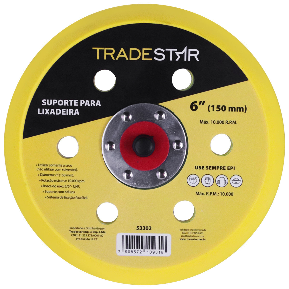Disco de suporte para lixadeira roto orbital Roquite Hookit Prato 6" da Tradestar, ideal para lixamento de madeira, metal e gesso. Possui sistema de velcro para fácil troca de lixas, rotação máxima de 10.000 RPM e rosca do eixo 5/16" - UNF. Ferramenta para profissionais como pintores automotivos e marceneiros.