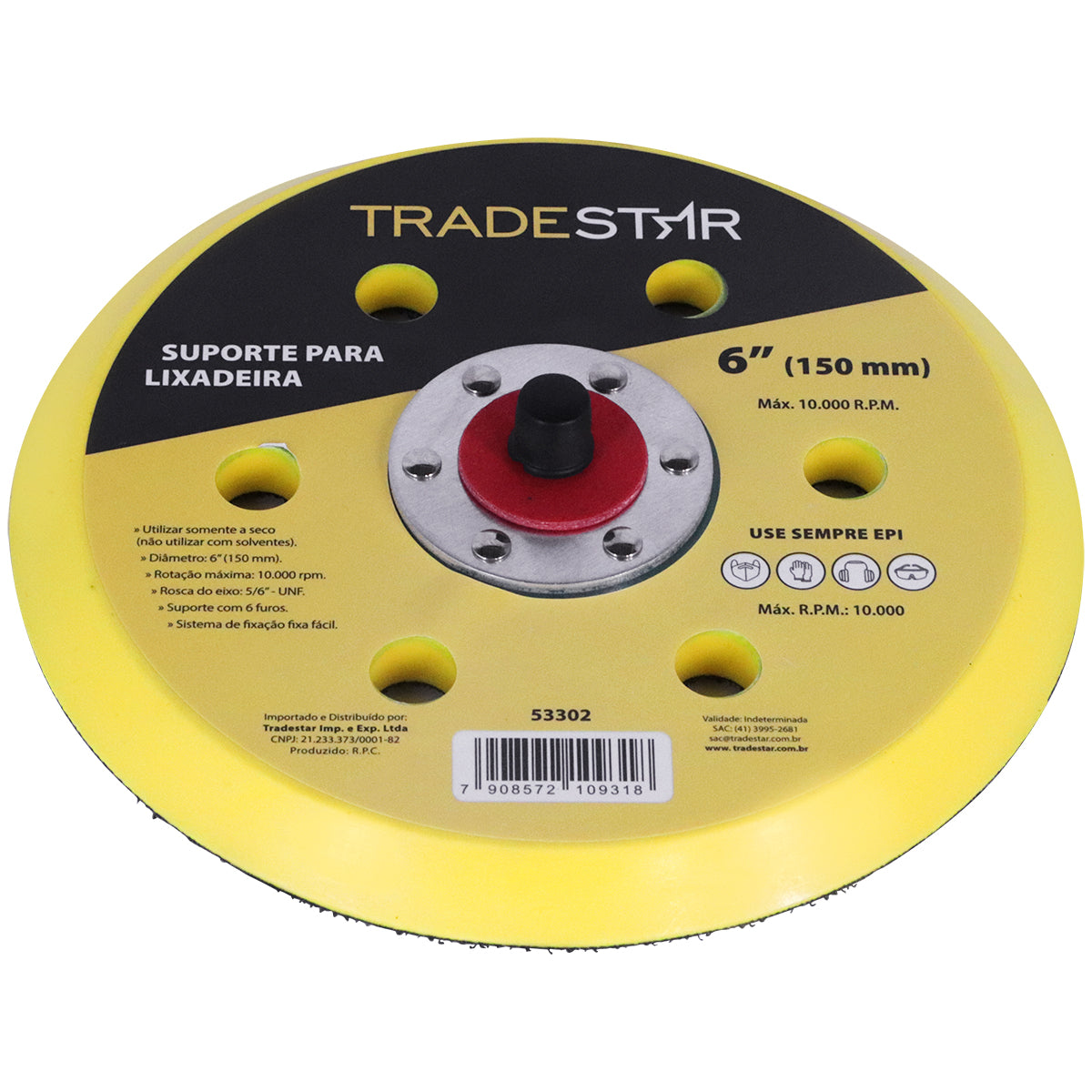 Disco de suporte para lixadeira roto orbital Roquite Hookit Prato 6" Tradestar, ideal para lixamento de madeira, metal e gesso. Possui sistema de velcro para fácil troca de lixas, rotação máxima de 10.000 RPM e rosca do eixo 5/16" - UNF. Ferramenta para profissionais como pintores automotivos e marceneiros.