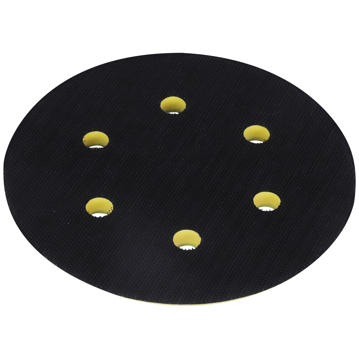 Disco Suporte Lixadeira Roto Orbital Roquite Hookit Prato 6" - Prato de lixa preto com velcro e furos para lixadeiras pneumáticas, ideal para lixamento de madeira, metal e gesso. Acessório para profissionais como pintores automotivos e marceneiros. Facilita a troca de lixas.