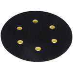 Disco Suporte Lixadeira Roto Orbital Roquite Hookit Prato 6" - Prato de lixa preto com velcro e furos para lixadeiras pneumáticas, ideal para lixamento de madeira, metal e gesso. Acessório para profissionais como pintores automotivos e marceneiros. Facilita a troca de lixas.
