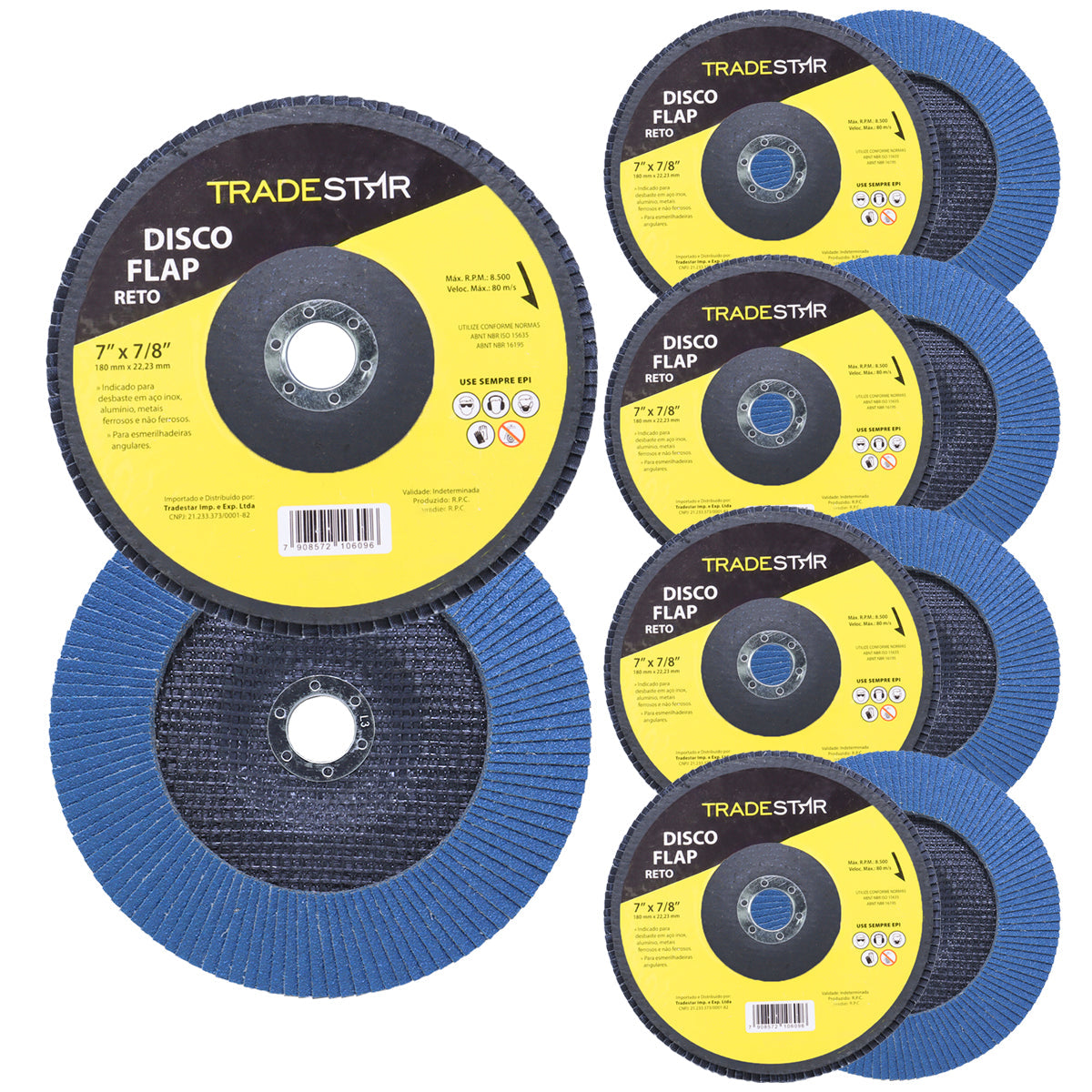 Kit com 10 discos de lixa flap Tradestar 7 polegadas grão 60 para lixadeira, ideal para desbaste em aço inox, alumínio e metais ferrosos. Ferramenta para uso em esmerilhadeiras angulares, proporcionando acabamento uniforme e durabilidade.