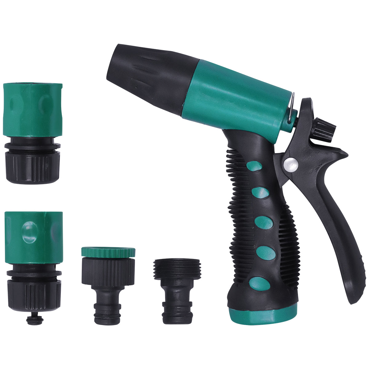 Conjunto para irrigação com hidropistola e engates rápidos 4 peças, ideal para hortas e jardins. Inclui hidropistola ajustável, adaptadores e engate rápido com bloqueador de fluxo. Kit completo para irrigação eficiente e prática.
