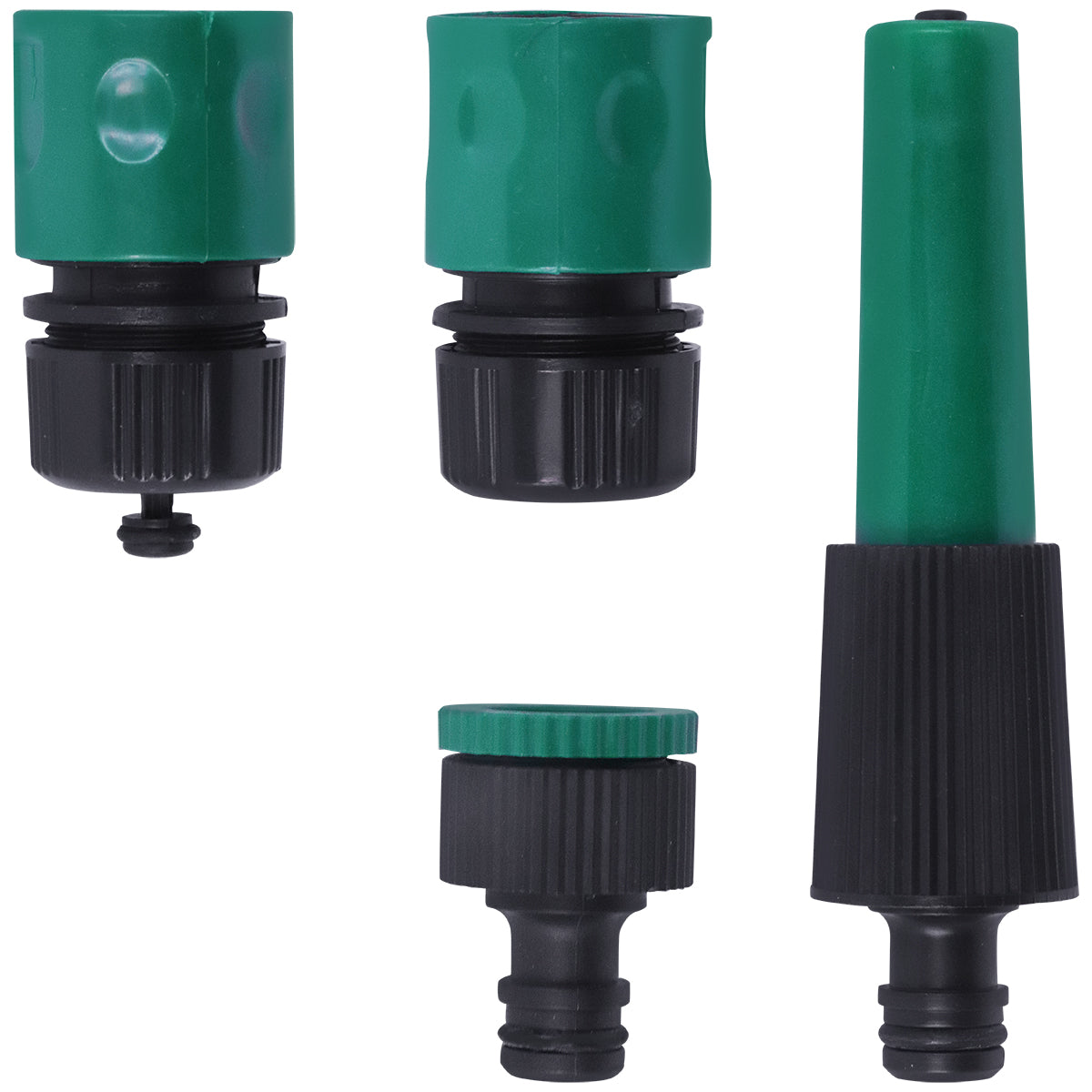 Kit de Irrigação Tradestar com 4 peças: adaptadores, engates rápidos e esguicho para mangueira. Ideal para jardinagem e irrigação de hortas, com ajuste de fluxo de água.