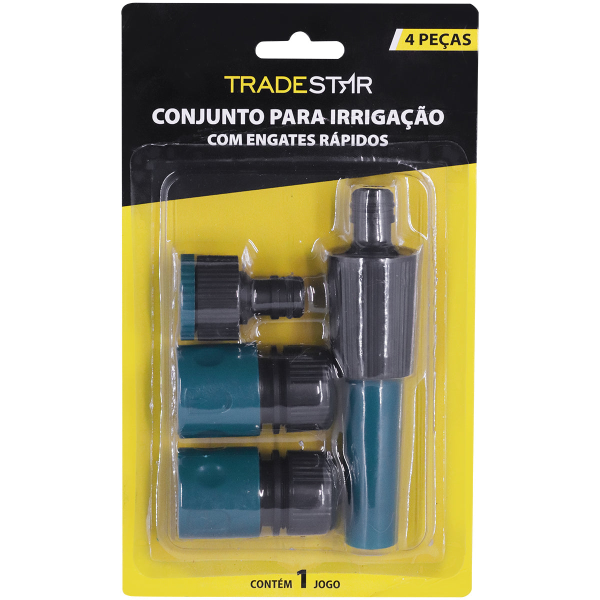Kit Irrigação Tradestar com 4 peças, incluindo engates rápidos e esguicho para mangueira. Ideal para jardinagem e irrigação de hortas, com fácil instalação e ajuste de fluxo de água. Conjunto completo para sistemas de irrigação domésticos.