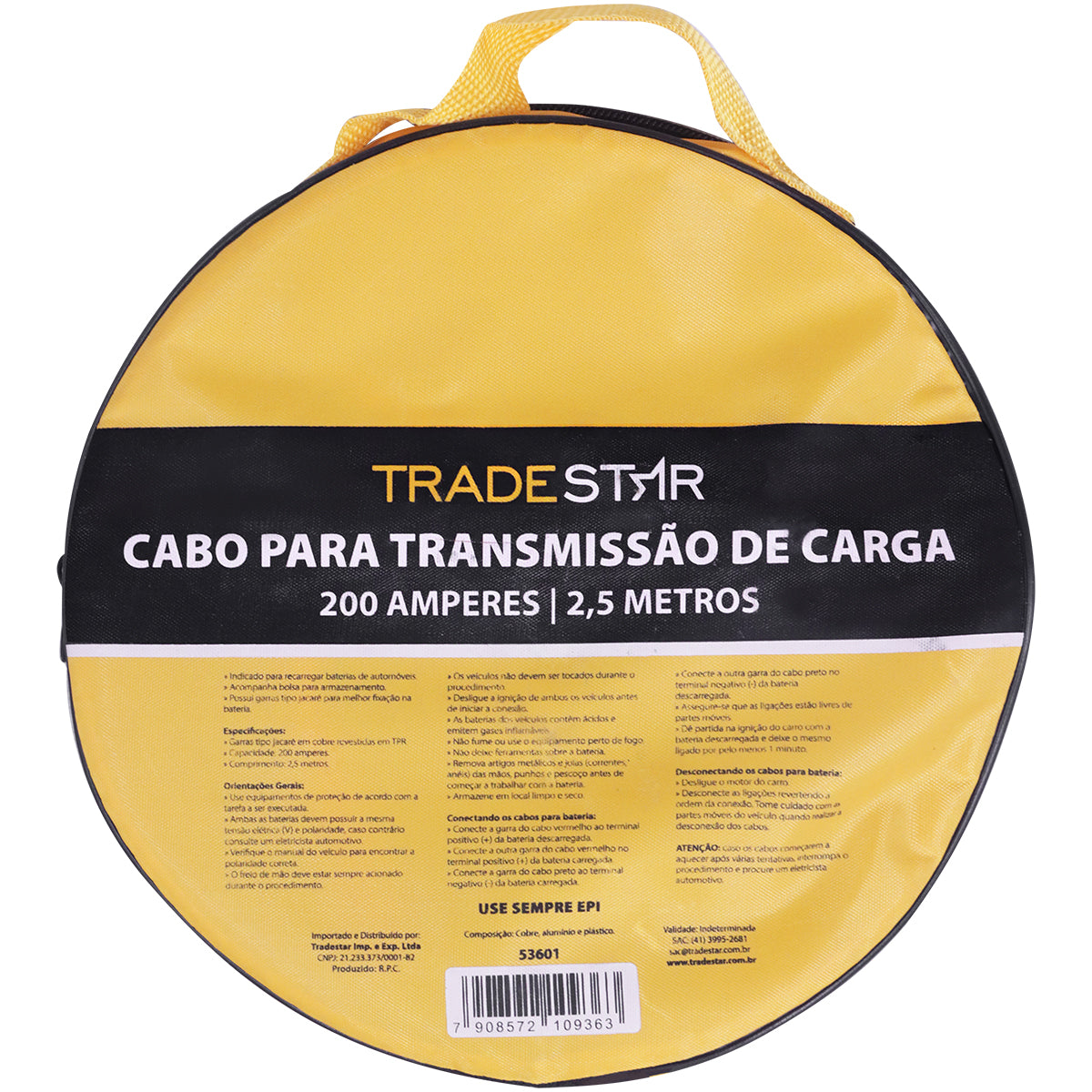 Cabo Chupeta Bateria 200A 2,5 Metros Reforçado com garras tipo jacaré, ideal para transmissão de carga em veículos 12V e 24V. Cabo de cobre Trade Star, acompanha bolsa para armazenamento. Perfeito para oficinas e eletricistas automotivos.