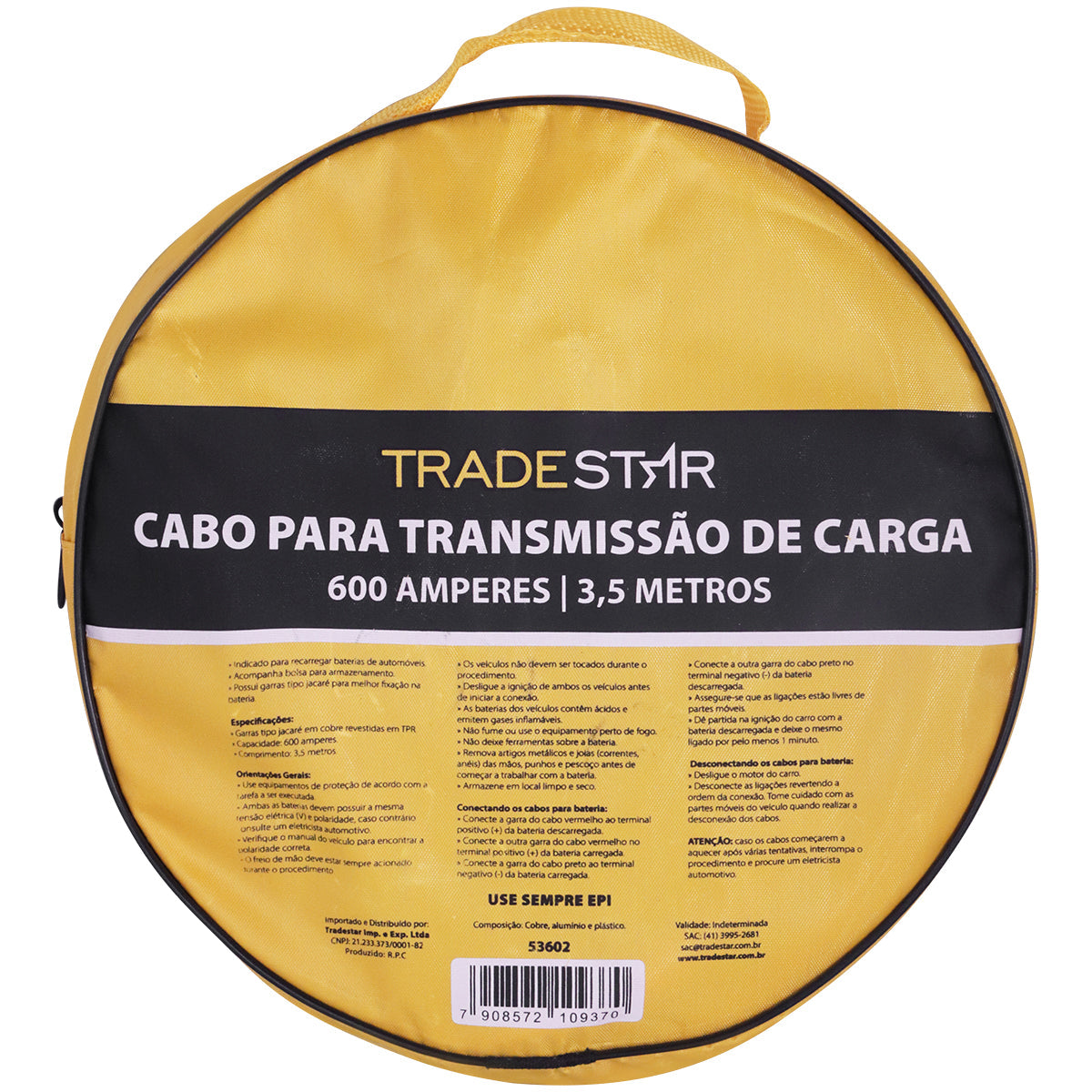 Cabo Chupeta Bateria 600A 3,5 Metros Reforçado Grosso 12V 24V Trade Star para transmissão de carga, ideal para recarga de baterias automotivas. Cabo de alta potência com garras tipo jacaré, acompanha bolsa para armazenamento e é adequado para oficinas mecânicas e eletricistas automotivos. Produto original, novo e com garantia.
