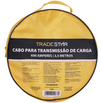 Cabo Chupeta Bateria 600A 3,5 Metros Reforçado Grosso 12V 24V Trade Star para transmissão de carga, ideal para recarga de baterias automotivas. Cabo de alta potência com garras tipo jacaré, acompanha bolsa para armazenamento e é adequado para oficinas mecânicas e eletricistas automotivos. Produto original, novo e com garantia.