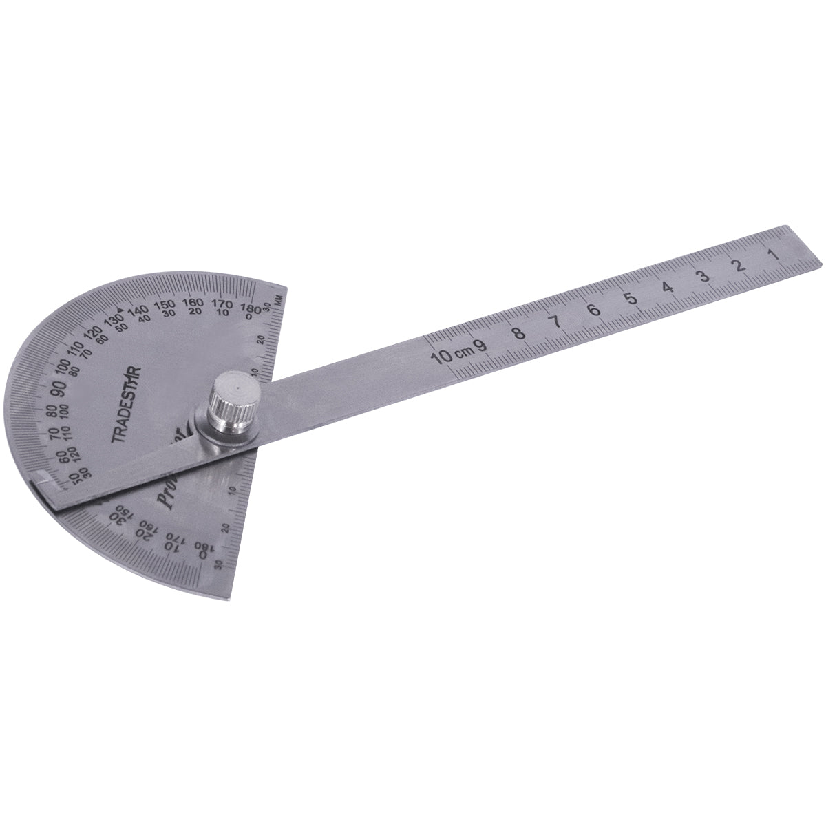 Transferidor de grau em aço inox com régua, escala de 0° a 180°. Ferramenta Tradestar para medição precisa de ângulos em mecânica, engenharia e construção civil. Ideal para profissionais que buscam durabilidade e precisão.