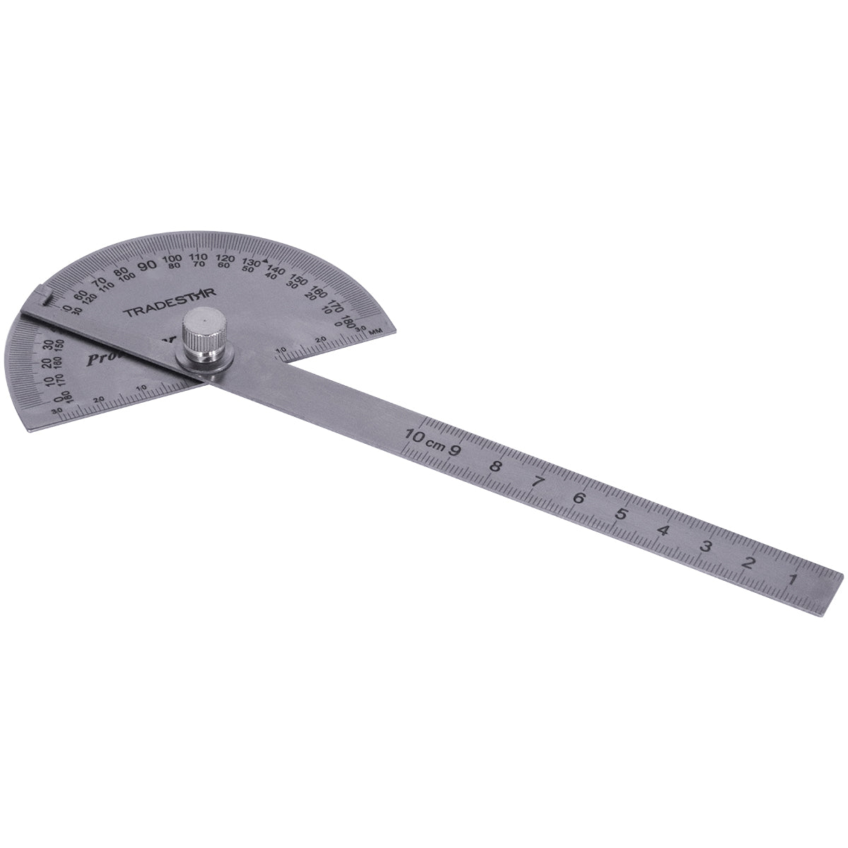 Transferidor de grau em aço inox com régua, escala de 0° a 180°. Ferramenta Tradestar para medição precisa de ângulos em mecânica, engenharia e construção civil.