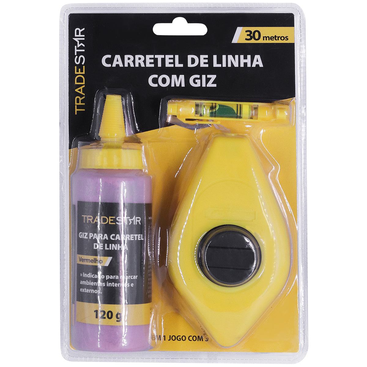 Carretel Drywall Tradestar com linha de giz de 30 metros, acompanha tubo de giz vermelho de 120g e mini nível. Ferramenta ideal para marcação precisa em construção e reformas.