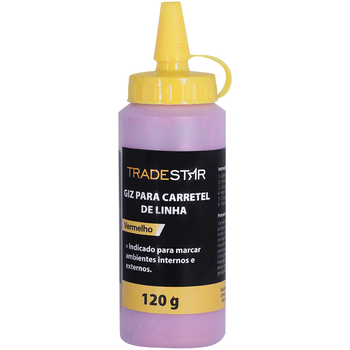 Carretel Drywall Tradestar com giz vermelho de 120g para linha de 30m, ideal para marcação em obras e reformas. Acompanha mini nível para precisão.
