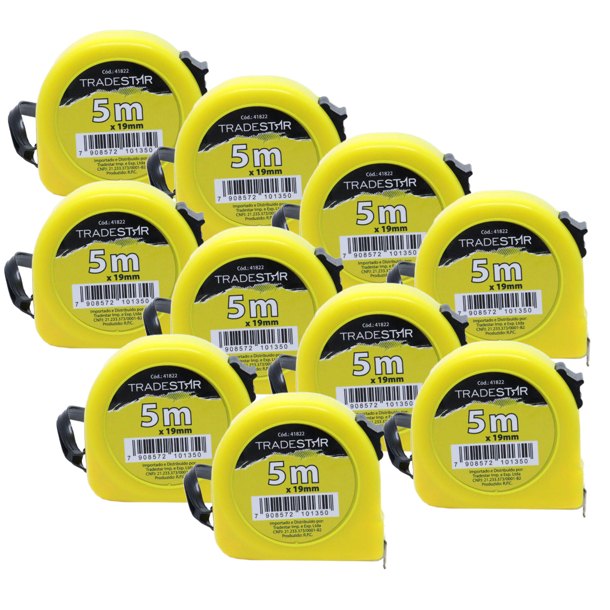 Kit com 10 trenas de aço metal Tradestar de 5 metros com fita de 19mm, com trava e corpo amarelo. Ideal para medições precisas em projetos de construção, marcenaria e uso geral. Ferramenta essencial para profissionais e hobbistas.