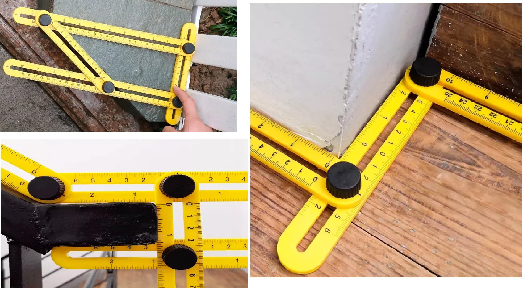 Esquadro Plástico Ajustável Tradestar 250x120mm em uso, mostrando medições e marcações em diferentes superfícies, ideal para construção civil, marcenaria e carpintaria. Ferramenta amarela, ajustável, com escala métrica para precisão em projetos de alinhamento, nivelamento e transferência de ângulos.
