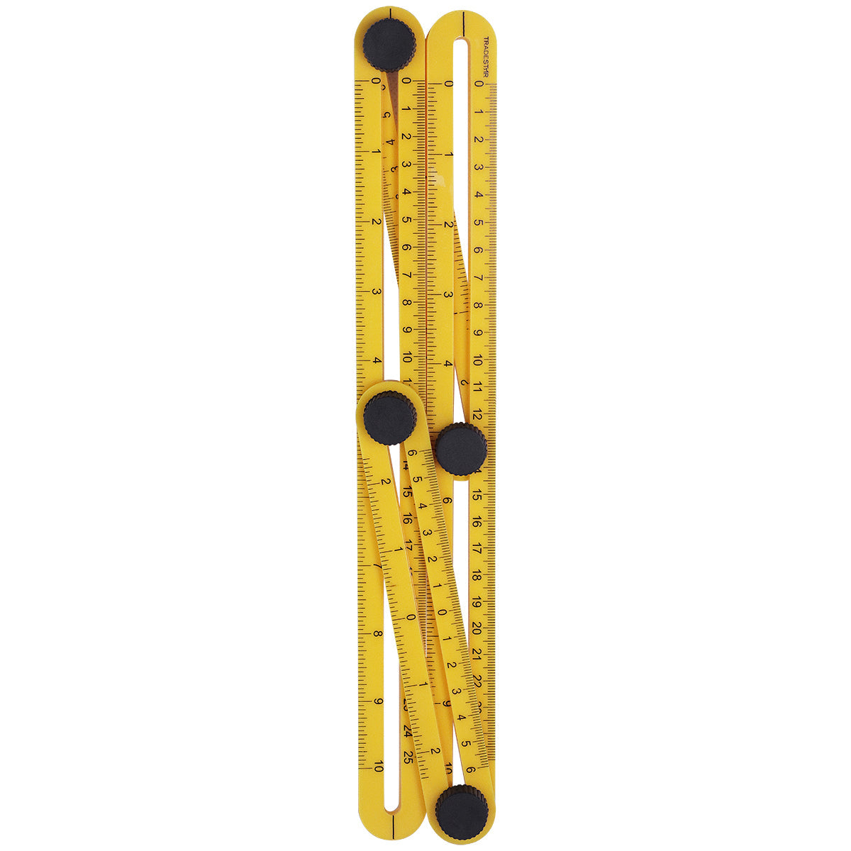 Esquadro plástico ajustável Tradestar 250x120mm amarelo para marcação, medição e nivelamento. Ferramenta de precisão para construção civil, marcenaria e carpintaria. Possui escala em centímetros e polegadas, ideal para pedreiros, carpinteiros e profissionais da construção.