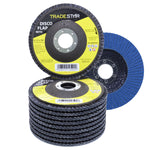 Kit com 10 discos de lixa flap reto Tradestar 4.1/2 polegadas grão 100 para lixadeira, ideal para desbaste em aço inox, alumínio e metais ferrosos. Ferramenta para uso em esmerilhadeiras angulares, proporcionando acabamento uniforme e durabilidade superior.
