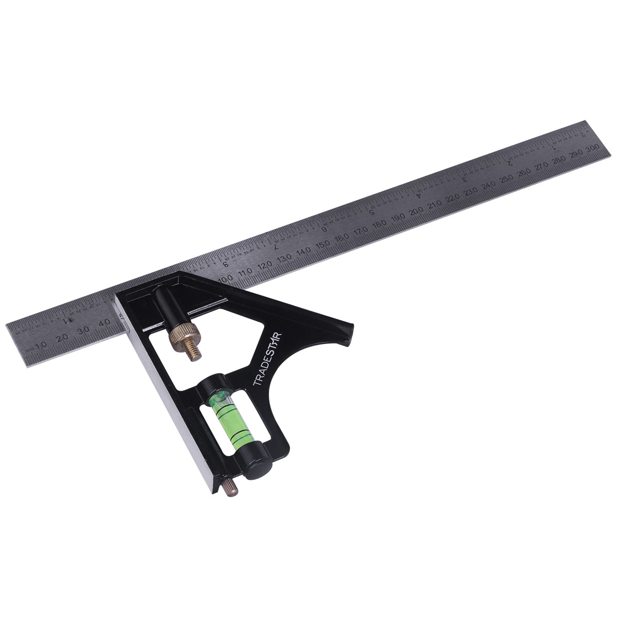 Régua Cotovelo Multifuncional Mista Esquadro Nível 12' 300MM Tradestar, esquadro combinado com régua deslizante em aço inox e corpo em alumínio fundido, ideal para medições precisas em construção civil, carpintaria e marcenaria. Possui nível bolha e riscador.