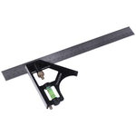 Régua Cotovelo Multifuncional Mista Esquadro Nível 12' 300MM Tradestar, esquadro combinado com régua deslizante em aço inox e corpo em alumínio fundido, ideal para medições precisas em construção civil, carpintaria e marcenaria. Possui nível bolha e riscador.