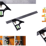 Régua Cotovelo Multifuncional Mista Esquadro Nível 12' 300MM Tradestar, esquadro combinado com régua deslizante em aço inox e corpo em alumínio fundido, ideal para medições precisas em construção civil, carpintaria e marcenaria. Possui nível para alinhamento e riscador para marcações. Ferramenta 3 em 1 para ângulos de 45° e 90°.