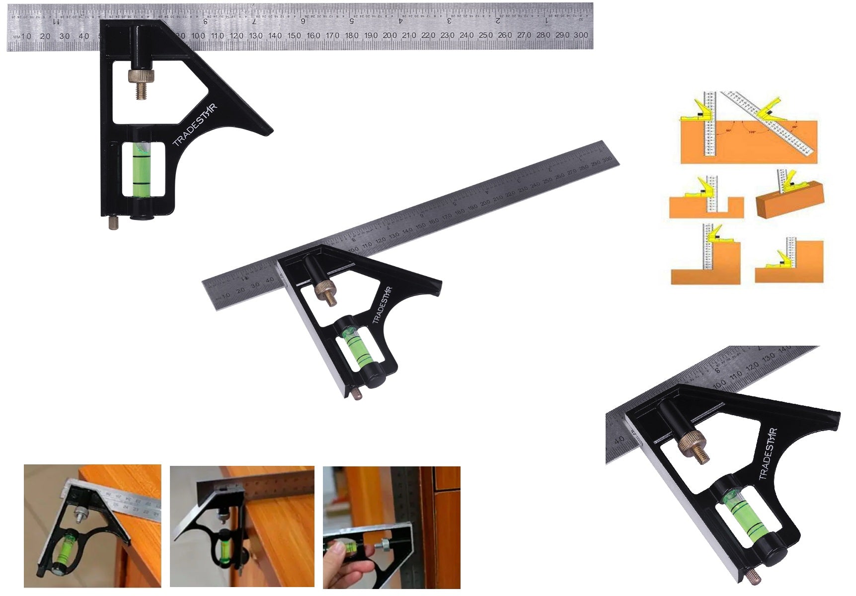Régua Cotovelo Multifuncional Mista Esquadro Nível 12' 300MM Tradestar, esquadro combinado com régua deslizante em aço inox e corpo em alumínio fundido, ideal para medições precisas em construção civil, carpintaria e marcenaria. Possui nível para alinhamento e riscador para marcações. Ferramenta 3 em 1 para ângulos de 45° e 90°.