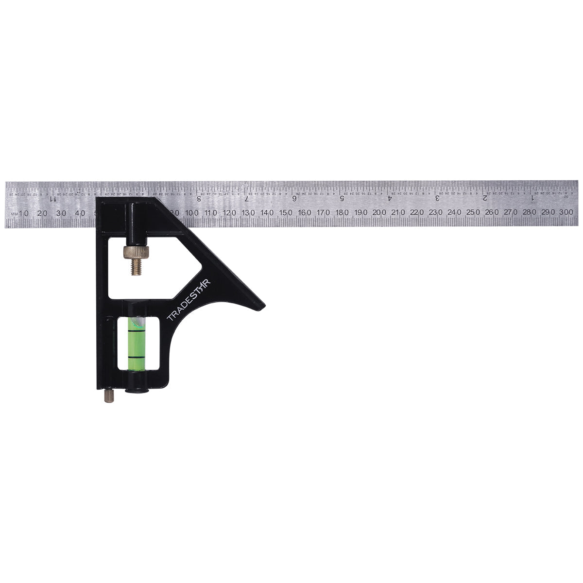 Régua Cotovelo Multifuncional Mista Esquadro Nível 12' 300MM Tradestar, ferramenta de medição precisa para construção civil, carpintaria e marcenaria. Esquadro combinado com régua deslizante em aço inox e corpo em alumínio fundido, ideal para ângulos de 45° e 90°. Possui nível bolha e riscador.
