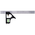 Régua Cotovelo Multifuncional Mista Esquadro Nível 12' 300MM Tradestar, ferramenta de medição precisa para construção civil, carpintaria e marcenaria. Esquadro combinado com régua deslizante em aço inox e corpo em alumínio fundido, ideal para ângulos de 45° e 90°. Possui nível bolha e riscador.