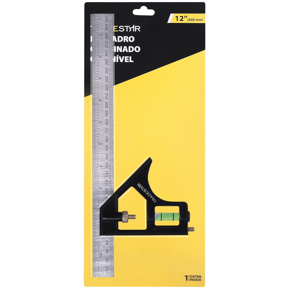 Régua Cotovelo Multifuncional Mista Esquadro Nível 12' 300MM Tradestar, esquadro combinado com régua deslizante, ideal para medição e marcação de ângulos em construção civil, carpintaria e marcenaria. Corpo em alumínio fundido e régua em aço inox.