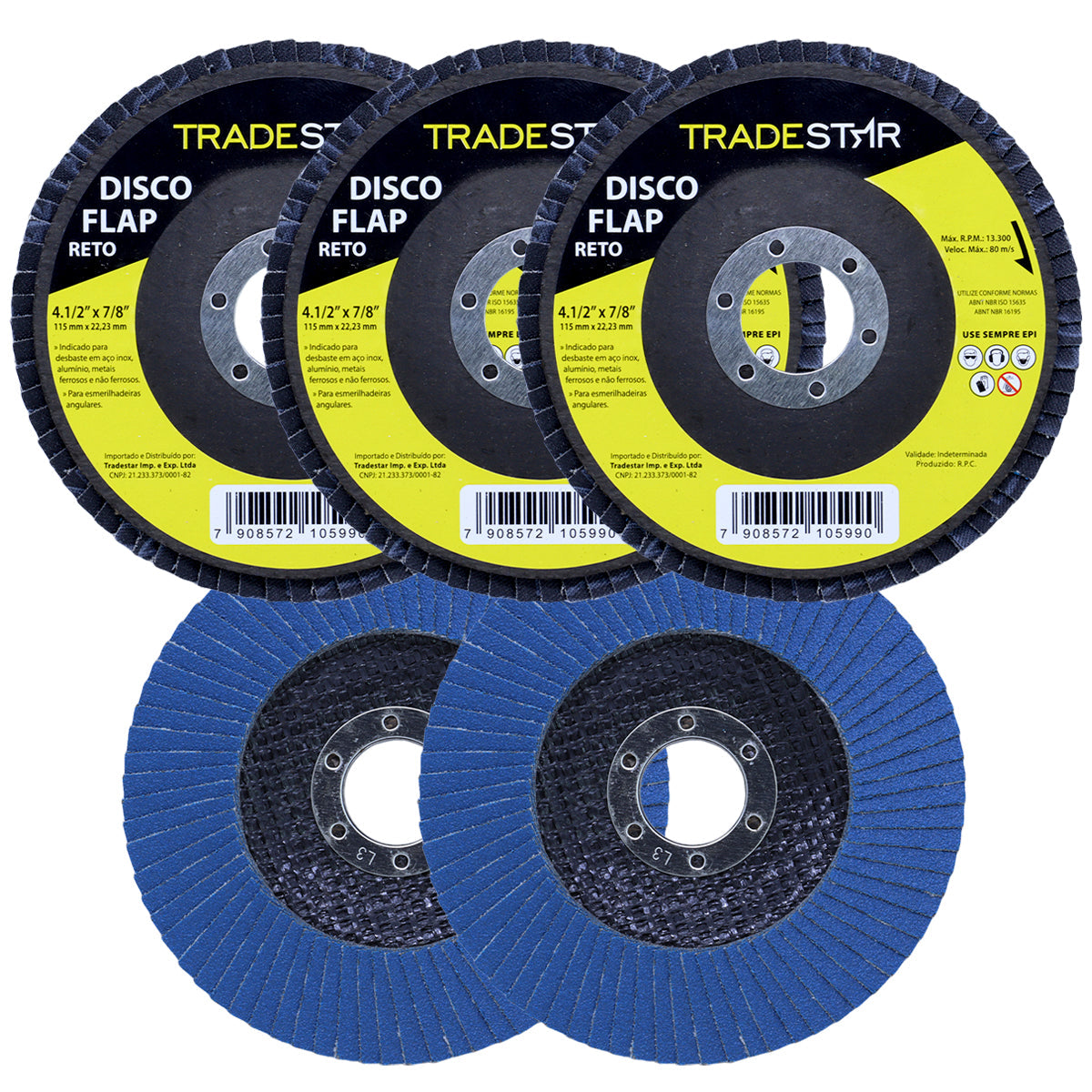 Kit com 5 discos de lixa flap reto Tradestar 4.1/2 polegadas grão 120 para lixadeira, ideal para desbaste em aço inox, alumínio e metais ferrosos. Proporciona acabamento uniforme e é fácil de instalar em lixadeiras angulares.