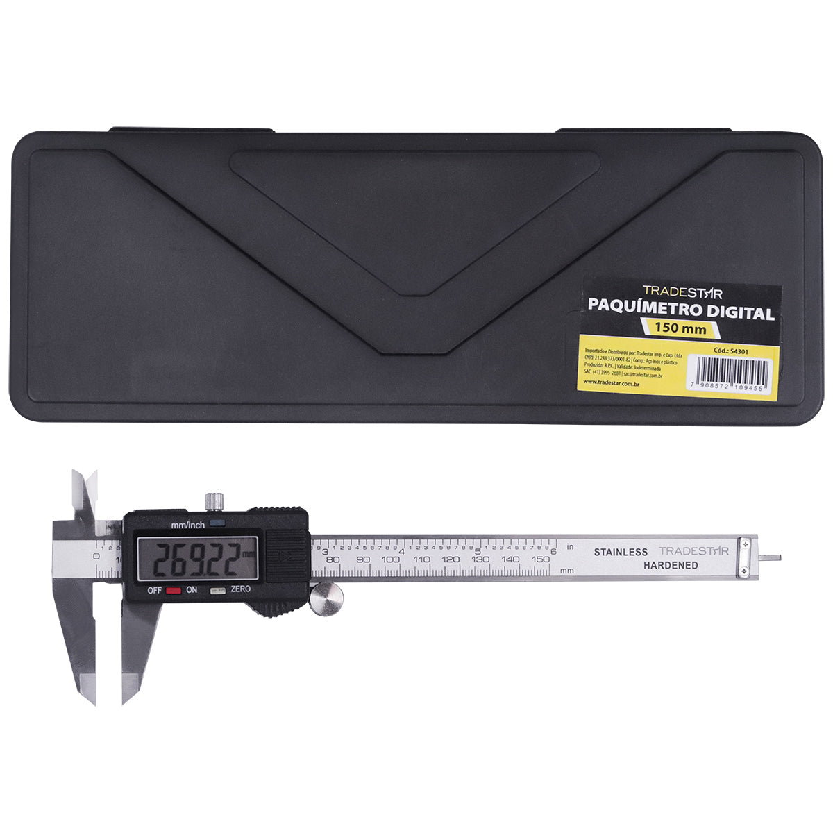Paquímetro Digital 150mm Pro em Inox Tradestar com estojo, ferramenta de medição de alta precisão para mecânicos, engenheiros e usinagem. Display digital, medições internas, externas, profundidade e ressaltos. Inclui estojo para armazenamento e proteção.