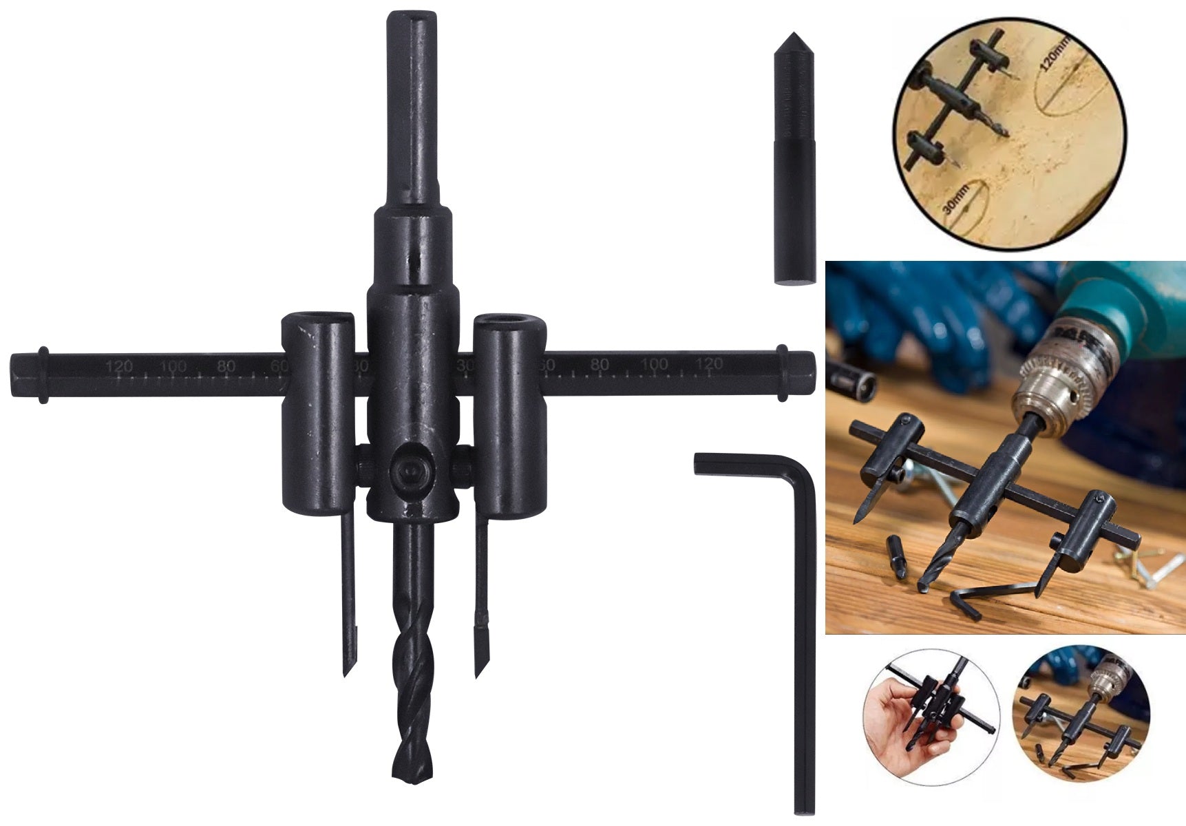 Furador Circular Ajustável Bailarina Tradestar para madeira, plástico e gesso. Ferramenta com diâmetro ajustável de 30 a 120mm, ideal para carpinteiros e marceneiros. Adaptável a furadeiras de 1/2” e 3/8”. Mostrando o furador, peças e uso com furadeira.