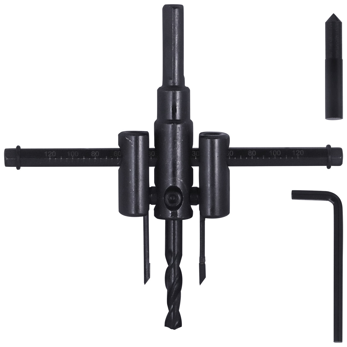 Furador Circular Ajustável Bailarina Tradestar para madeira, plástico e gesso. Ferramenta de corte com diâmetro ajustável de 30 a 120mm, ideal para carpinteiros e marceneiros. Inclui chave e broca central.
