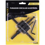Furador Circular Ajustável Bailarina Tradestar para madeira, plástico e gesso, com diâmetro ajustável de 30 a 120 mm. Ferramenta ideal para carpinteiros e marceneiros. Embalagem com 1 unidade.