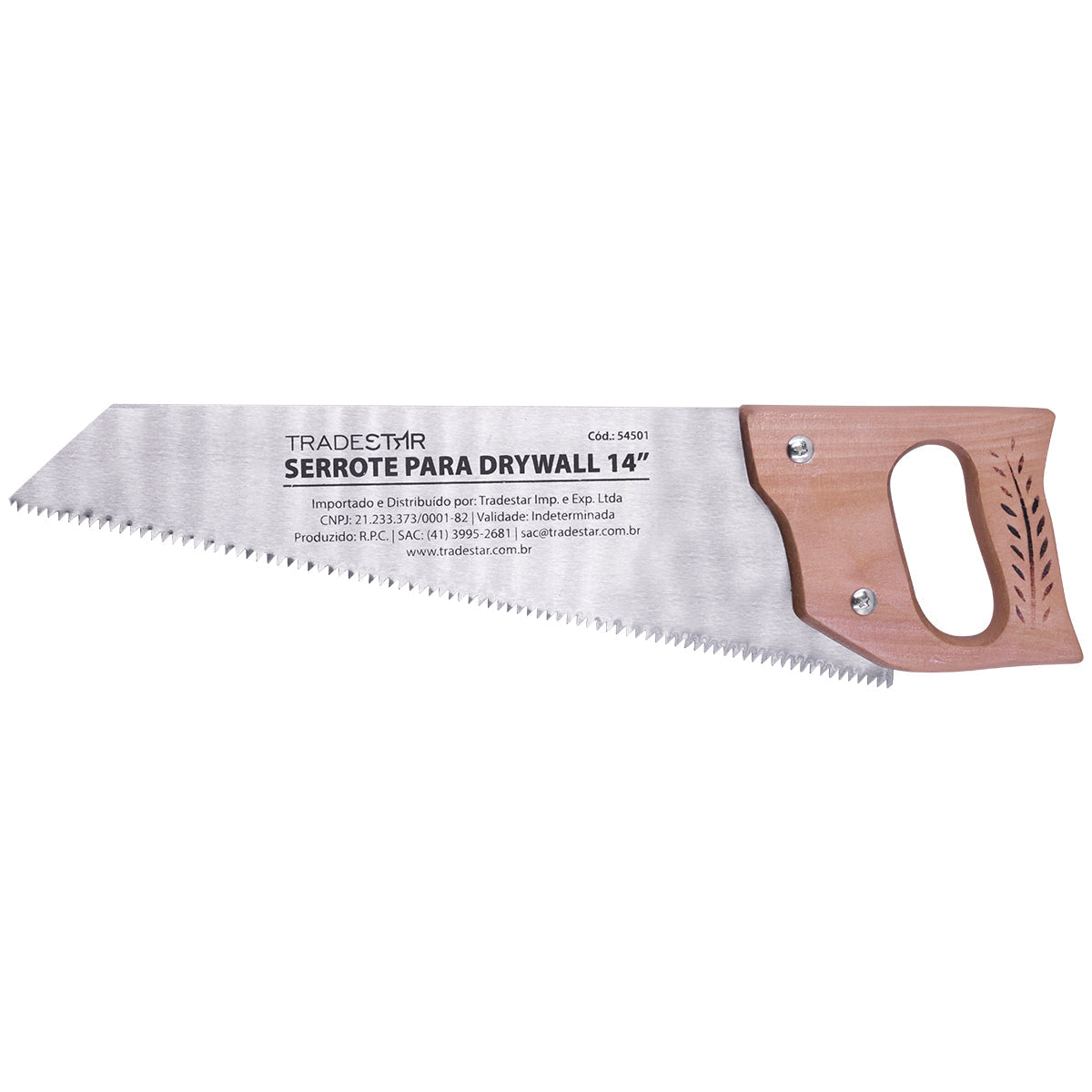 Serrote para Drywall Tradestar 14 polegadas com lâmina de aço e cabo de madeira. Ferramenta ideal para cortes precisos em drywall, indicada para instaladores e profissionais da construção civil. Serrote de alta durabilidade e eficiência para reformas e construções.