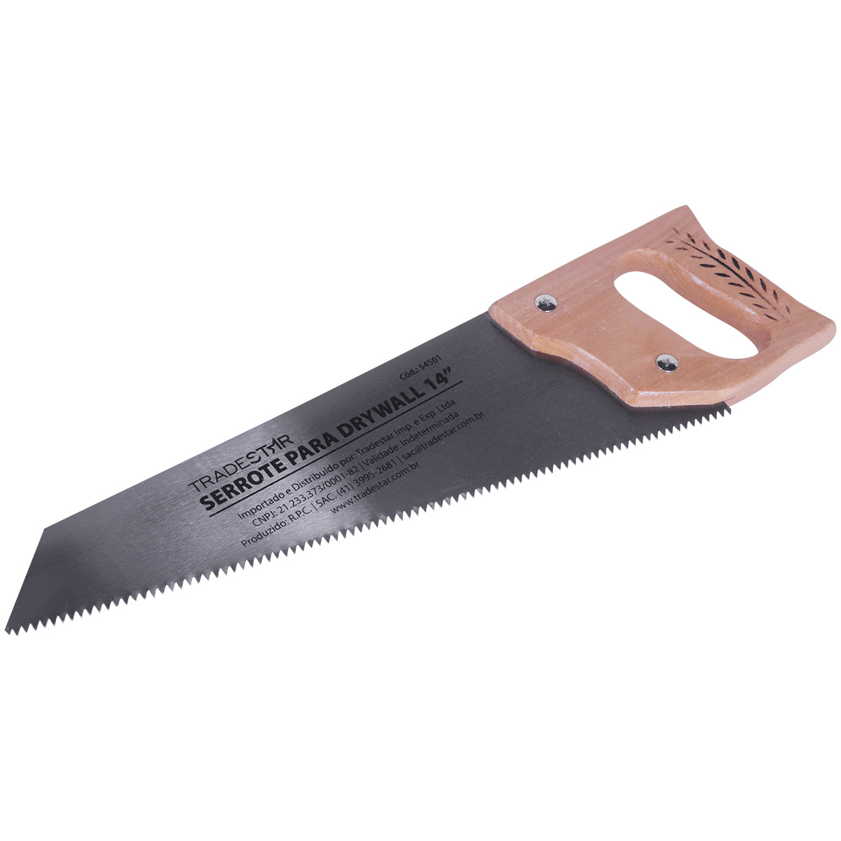 Serrote para Drywall Tradestar 14 polegadas com lâmina de aço e cabo de madeira. Ferramenta ideal para cortes precisos em drywall, utilizada por instaladores e profissionais da construção civil. Serrote original, novo, com garantia e envio imediato.